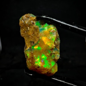 Pode incluir: Uma gema de opala natural bruta com um brilho iridescente verde, amarelo e laranja. A opala é segurada em pinças contra um fundo preto.