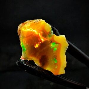 Pode incluir: Um opala laranja bruto com flashes verdes e amarelos. O opala é segurado em pinças contra um fundo preto.