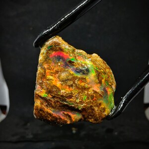 Pode incluir: Uma pedra preciosa de opala bruta, segurada por pinças pretas, exibe um vibrante jogo de cores. A superfície da pedra apresenta flashes de tons vermelhos, verdes e laranja, sobre uma matriz marrom. A opala é bruta e natural, mostrando sua textura única.