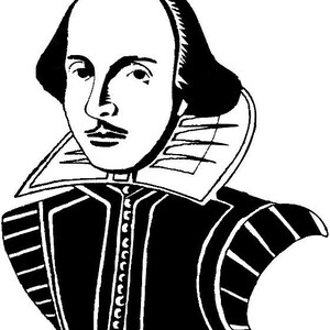 May include: Black and white illustration of William Shakespeare. The portrait features a bald head, a mustache, and a high collar. The figure is wearing a dark vest with a row of buttons.
