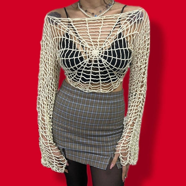 Spiderweb Crop Top, Fairycore Top, grunge crochet top, y2k spiderweb top, crop top, long sleeve crop top, mesh crop top