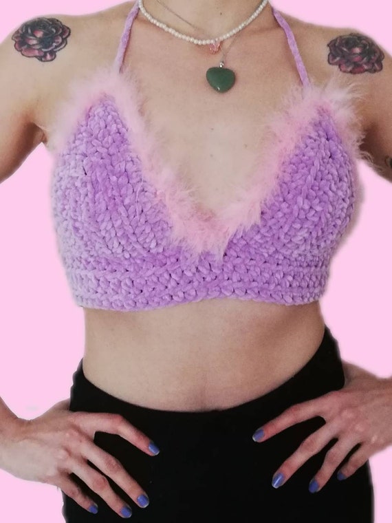 Furry crochet top, furry bralette top, y2k bratz doll top