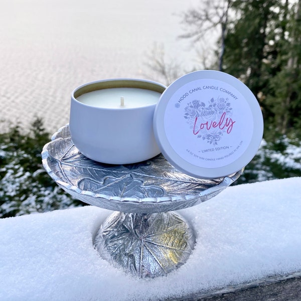 Lovely 6.4 oz Hand-Poured Soy Wax Candle Limited Edition Collection Hood Canal Candle Company WHITE Tin