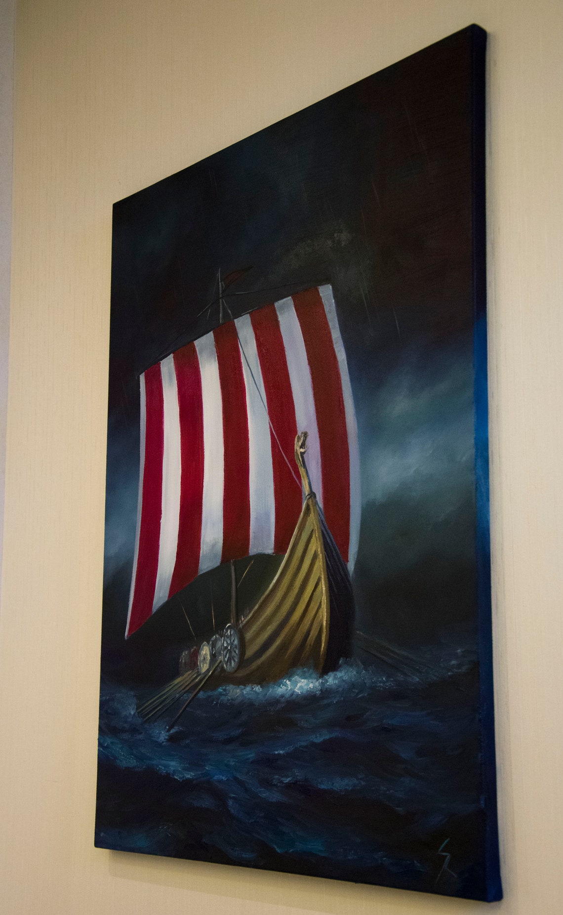 Viking ship oil painting Medieval ship Storm art Modern art Etsy
