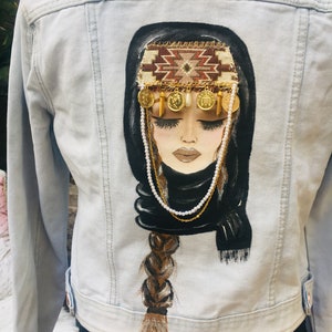 Armenian Traditional Women Inspired Hand Painted Denim Jacket