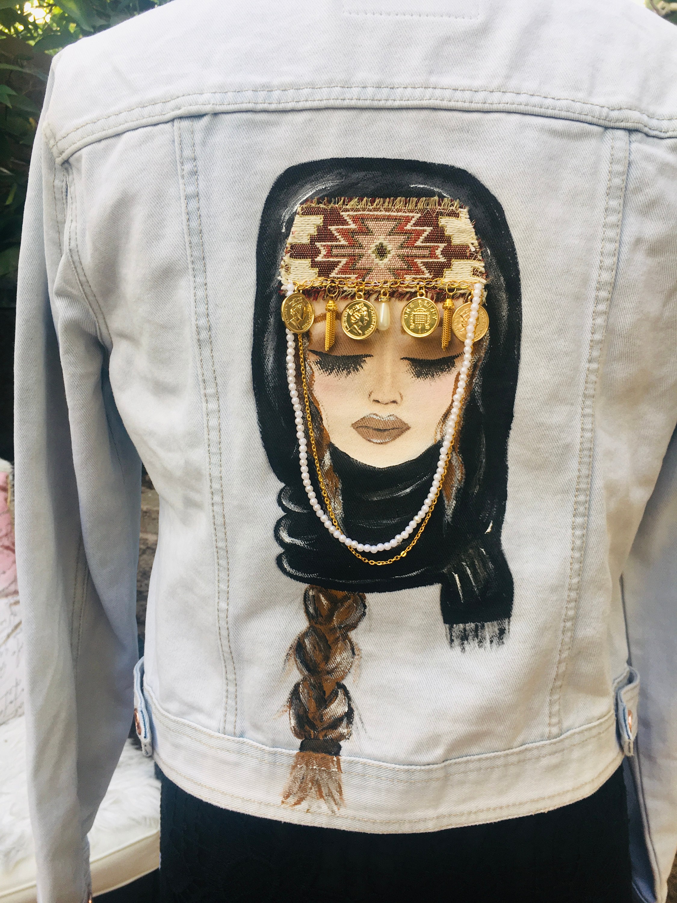 Armenian Traditional Women Inspired Hand Painted Denim Jacket