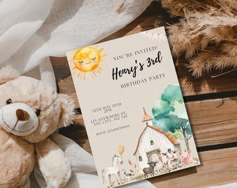 May include: A birthday party invitation with the text "You're Invited! Henry's 3rd Birthday Party." The invitation features a watercolor illustration of a barn, farm animals, and a smiling sun. The date and time are also included.
