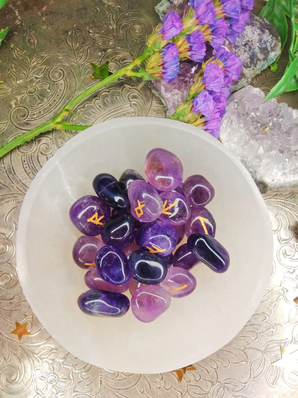 Witches Rune Crystals Amethyst Crystal Rune Set - 25 Piece Witches Rune Set in Gift Bag ...