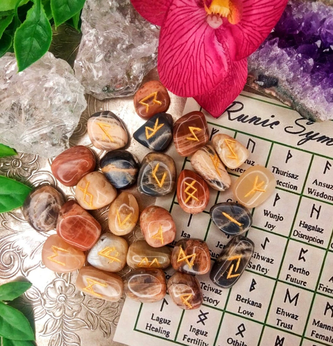 Mixed Moonstone Crystal Runes - 25 Piece Witches Rune Set in Gift Bag ...