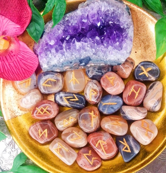 Mixed Moonstone Crystal Runes - 25 Piece Witches Rune Set in Gift Bag - Nordic Divination