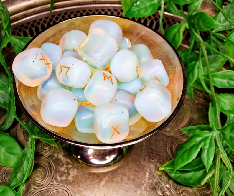 Opalite Crystal Rune Set - 25 Piece Witches Rune Set in Gift Bag - Nordic Crystal Rune Set - Divination - Tumbled Stones - Metaphysical image 3