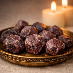 May include: A selection of rough, dark red garnet stones on a decorative, antique gold-coloured plate. The stones have a faceted appearance. Two lit candles are in the background, providing a warm glow.
