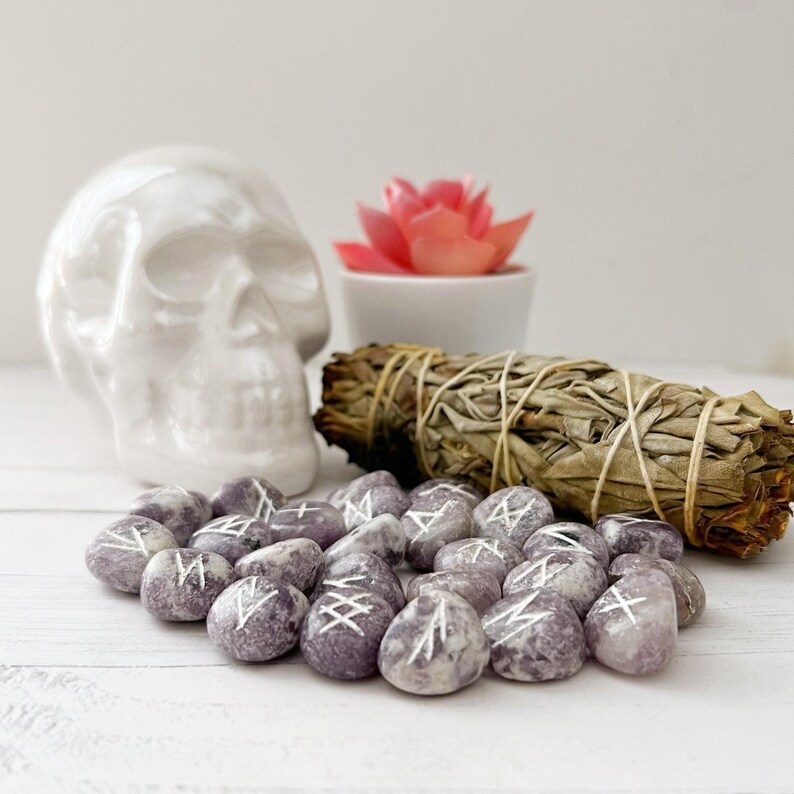 Witches Rune Crystals Lepidolite Crystal Runes - 25 Piece Witches Rune Set in Gift Bag ...