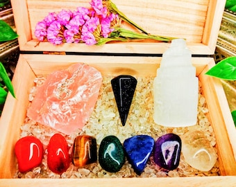 Chakra Crystal Gift Box – Selenite Tower, Rose Quartz, Pendulum & Tumbles