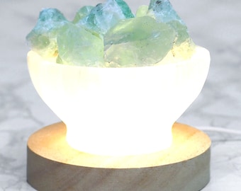 Selenite Crystal Lamp Bowl with Fluorite – USB-Powered Light for Energy Cleansing, Chakra Healing & Intuitive Focus