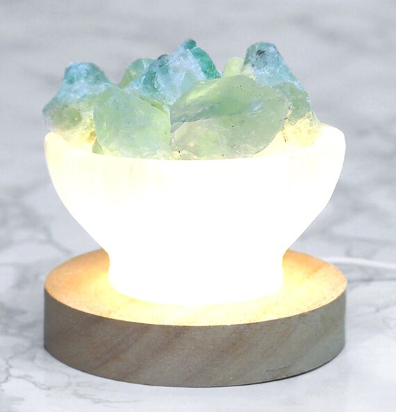 Selenite Crystal Lamp Bowl with Fluorite – USB-Powered Light for Energy Cleansing, Chakra Healing & Intuitive Focus