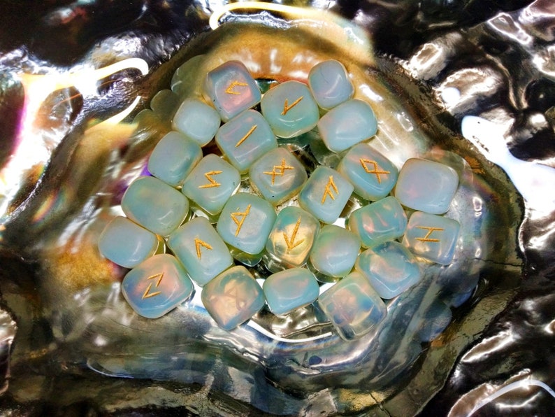 Opalite Crystal Rune Set - 25 Piece Witches Rune Set in Gift Bag - Nordic Crystal Rune Set - Divination - Tumbled Stones - Metaphysical image 6