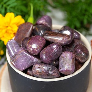 May include: A black bowl filled with polished, tumbled stones. The stones are a deep purple colour with variations of brown and black. The stones have a smooth, glossy finish. The bowl is set against a background of green foliage and a yellow flower.