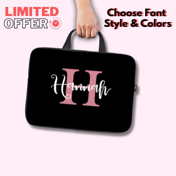 Monogramme Laptop Sleeve Nom personnalisé | Rose pastel-or | Sac de créateur | Étui zippé pour MacBook Air Pro avec poignée