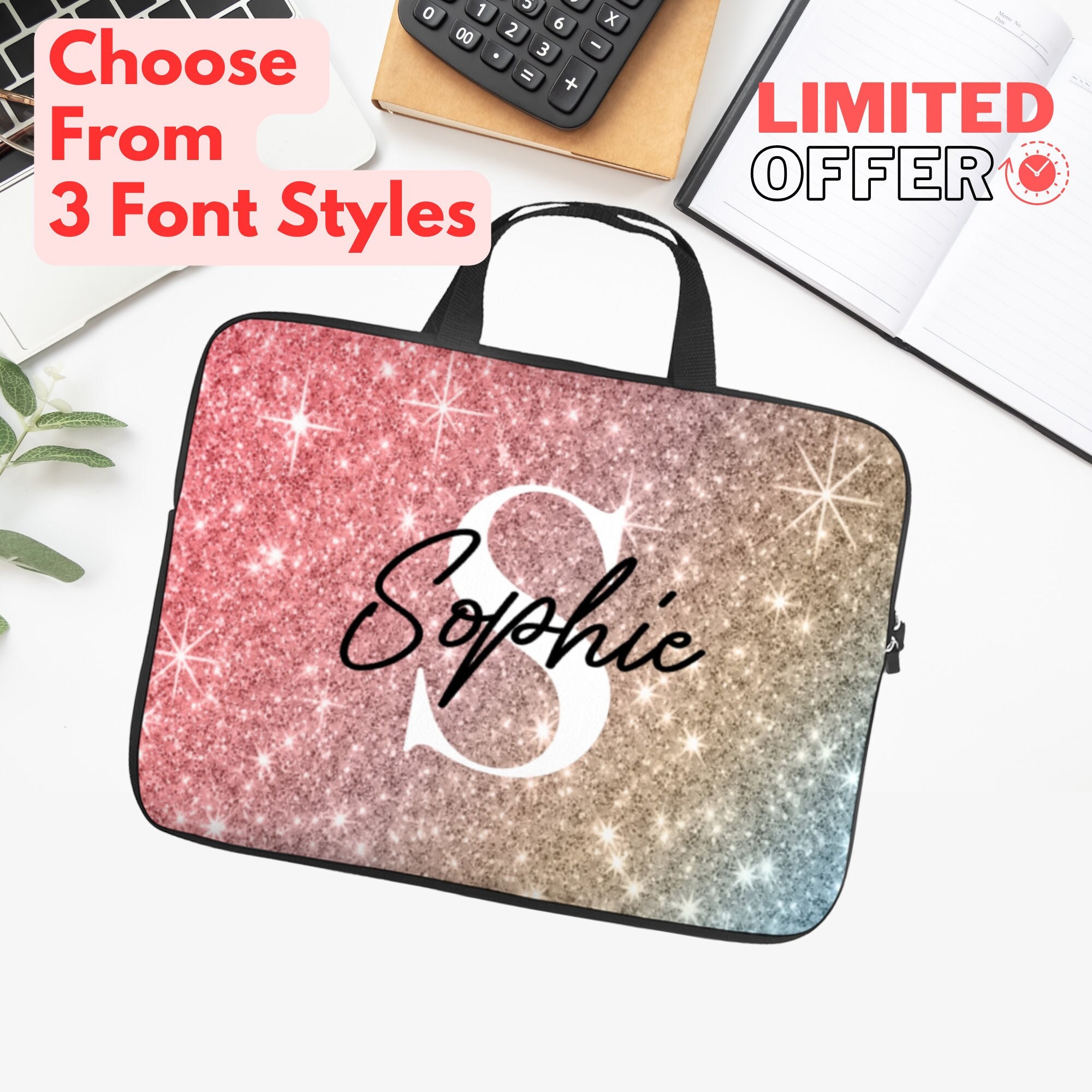 Colorful Glitter Monogram Laptop Sleeve, Sparkle Designer Bag MacBook