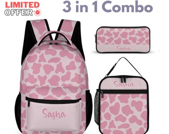 Custom Pink Strawberry Cow Kids Pink Backpack,Lunch Bag,Pencil Case Set Toddler Gift,Custom Preschool Book Bag,Insulated Lunch Box 3in1 bags