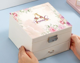 Boîte à bijoux personnalisée monogramme floral - Grande - Cadeau parfait pour les filles, les enfants et les femmes, idée cadeau de demoiselle d'honneur pour les fêtes