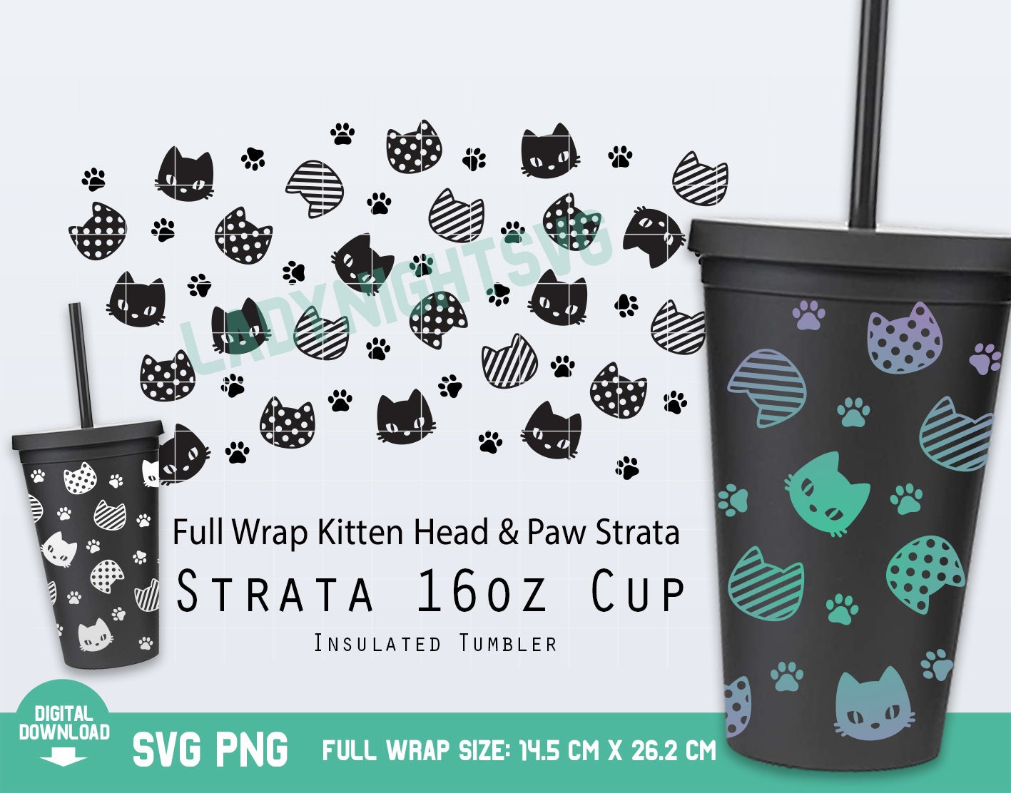 Full Wrap Kitten Head & Paw Strata SVG for Tumblers 16 oz | Etsy