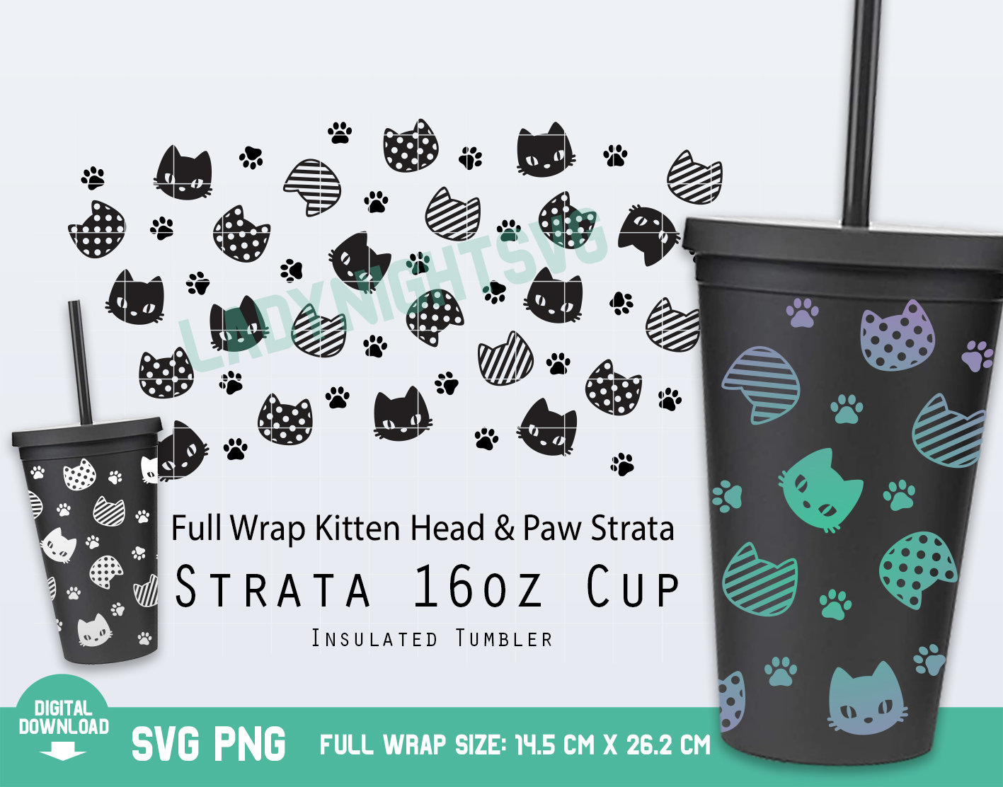 Full Wrap Kitten Head & Paw Strata SVG for Tumblers 16 oz Etsy