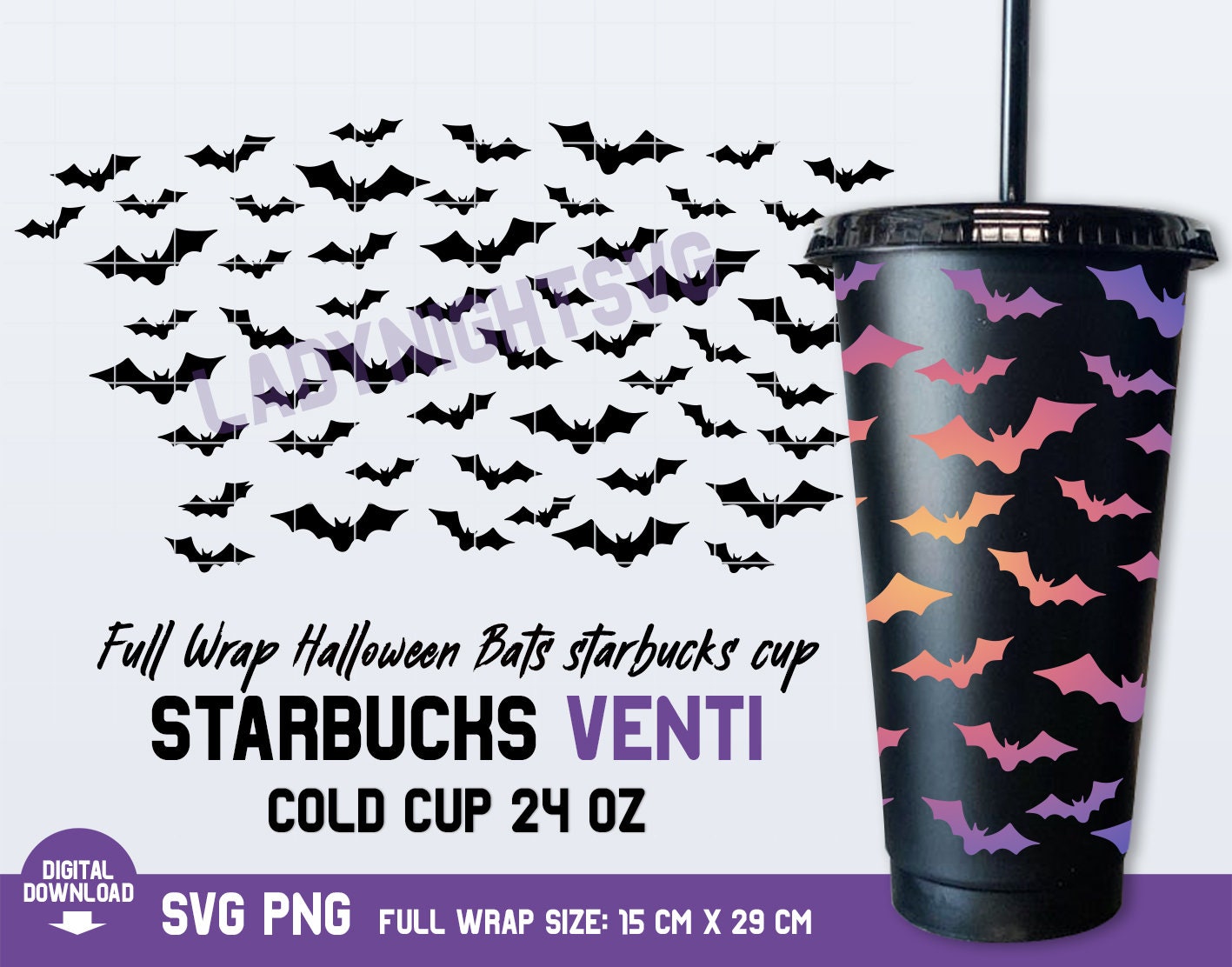 NO HOLE L Full Wrap Halloween Bats Starbucks Cup Svg Bats Etsy