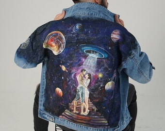 Hand painted jacket, galaxy jean jacket, celestial jacket, graffiti jacket. Custom denim jacket