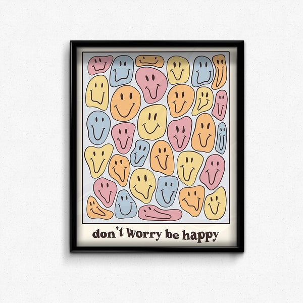 Don't Worry Be Happy Smiley Face Print | Poster | Dorm Poster | Bedroom Decor |
