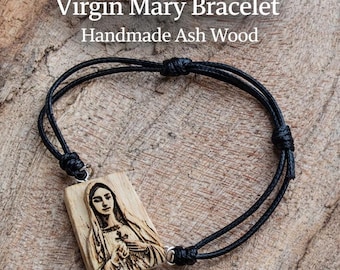 Virgin Mary Ash Wood Bracelet, Catholic Bracelet, Handmade Religious Jewelry, Christian Gift