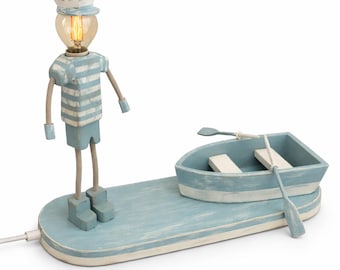 Handmade Wooden Sailor Lamp – Nautical Coastal Art Light, Distressed Wood Sculpture (E14)