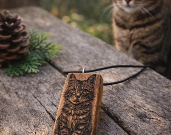 Apple Wood Cat Necklace, Burnt Wood Pendant, Handmade Rustic Animal Jewelry Gift
