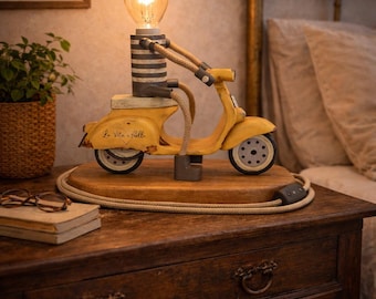 Vintage Wooden Vespa Lamp, Retro Scooter Table Lamp, Handmade Italian Home Decor, Oak Wood