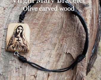 Olive Wood Virgin Mary Bracelet, First Communion Gift, Christian Religious Jewelry