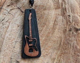 Burned Plun Wood  Guitar Necklace – Handmade Jazzmaster-Style Electric Guitar Pendant, Rock Music Jewelry