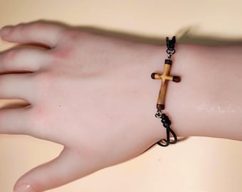 Olive Wood Cross Bracelet with Plum Wood Ends – Minimalist Faith Jewelry