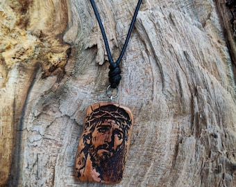 Jesus Necklace, Plum Wood Pendant, Handmade Christian Faith Jewelry Gift