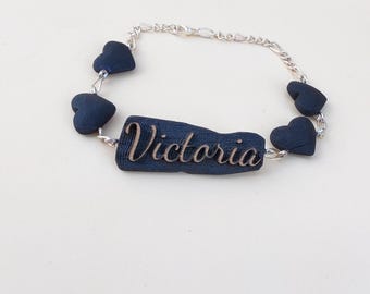 Personalized Burnt Wood Bracelet, Custom Engraved Name Jewelry, Rustic Heart Chain Gift