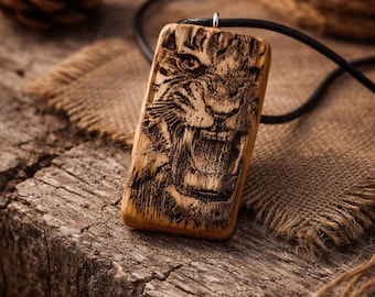 Tiger Necklace, Apple Wood Pendant, Burnt Wooden Power Jewelry Gift