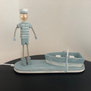 Table lamp, navy lamp, marine lamp, sea lamp, boat lamp, blue lamp, kids, children, vintage, aged, old, light, sailor, wooden lamp
