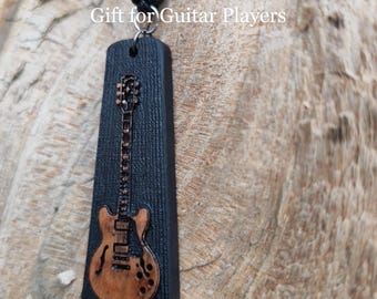 Burned Apple Wood  Guitar Necklace – Handmade ES-Style Electric Guitar Pendant, Rock Music Jewelry