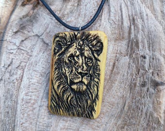 Apple Wood Lion Necklace, Burnt Wood Pendant, Handmade Rustic Strength Jewelry Gift