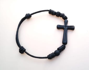 Black Cross Bracelet, Christian Bracelet, Faith Jewelry, Religious Gift, Adjustable Cord