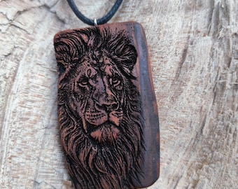 Apple Wood Lion Necklace, Burnt Wood Pendant, Handmade Rustic Strength Jewelry Gift