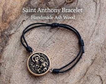 Saint Anthony Wooden Bracelet, Catholic Jewelry, Ash Wood Saint Medal