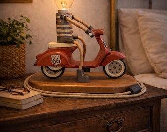 Handmade Scooter Table Lamp: Retro Route 66 Desk Light