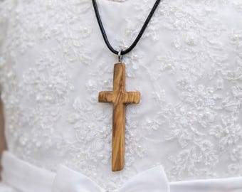 Olive Wood Cross Necklace, First Communion, Baptism, Confirmation Keepsake