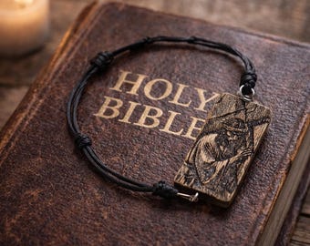 Jesus Carrying Cross Bracelet, Walnut Wood Pendant, Handmade Christian Faith Jewelry